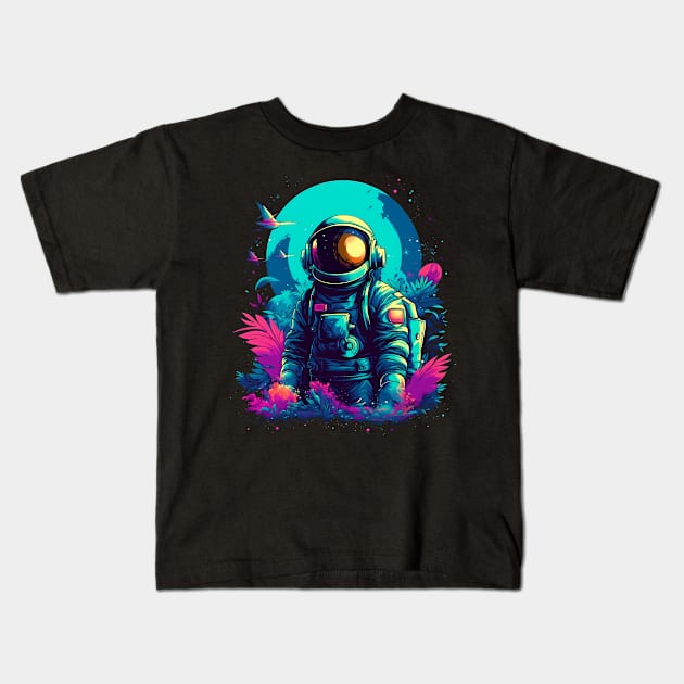 Vibrant Retro Spaceman Art Generated Planet Flora Design Kids T-Shirt by Brobocop